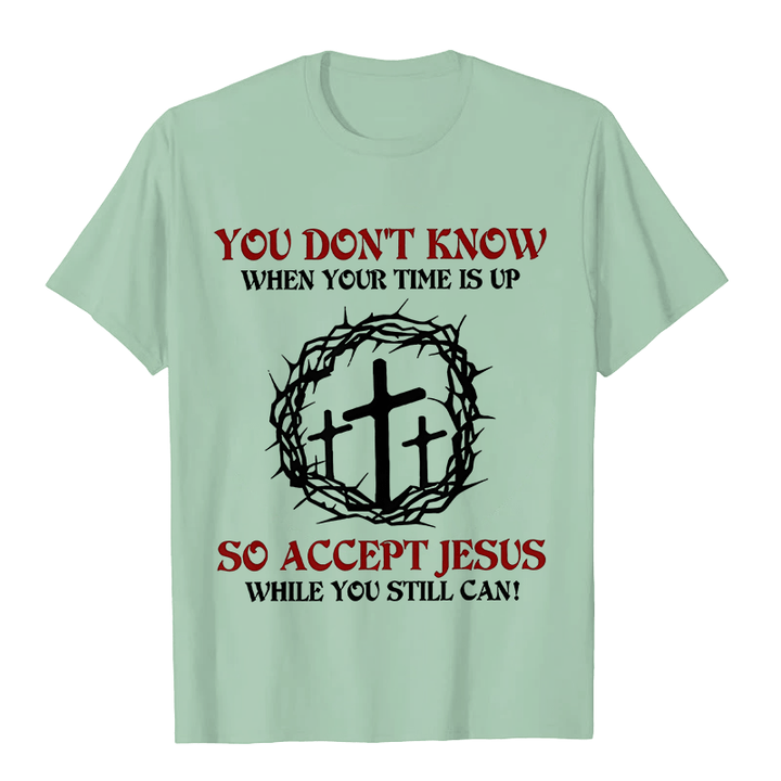 Christianartworkshop Religious Warning Accept Jesus Thorn Crown Cross Unisex T-shirt - Light Green - 2XL - image 6