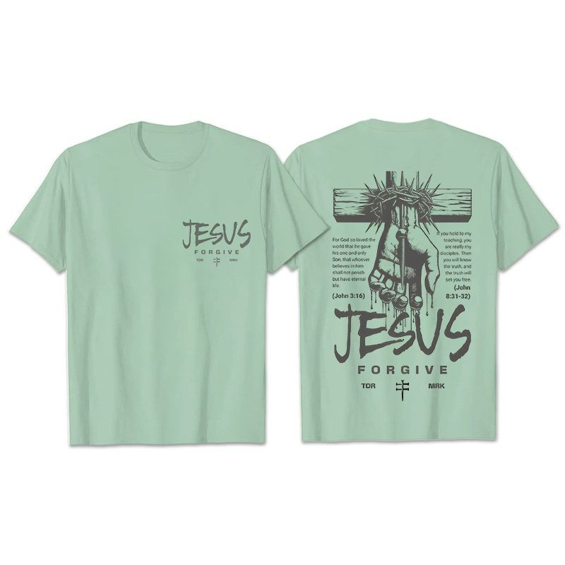 Christianartworkshop Religious Jesus Forgive Crown of Thorns Cross Unisex T-shirt - Light Green - 2XL - image 18