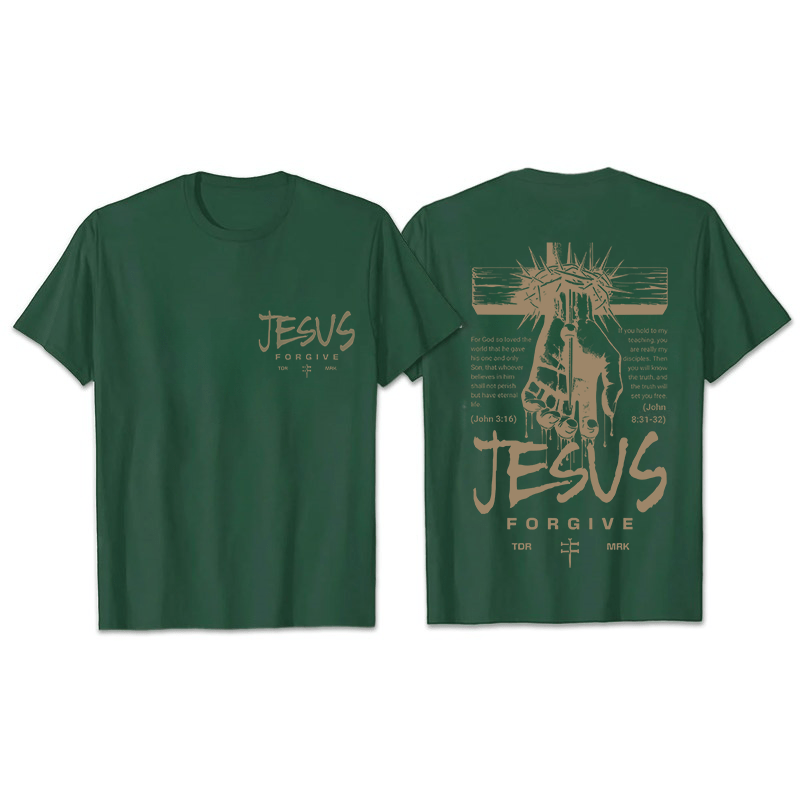 Christianartworkshop Religious Jesus Forgive Crown of Thorns Cross Unisex T-shirt - Dark Green - 2XL - image 23
