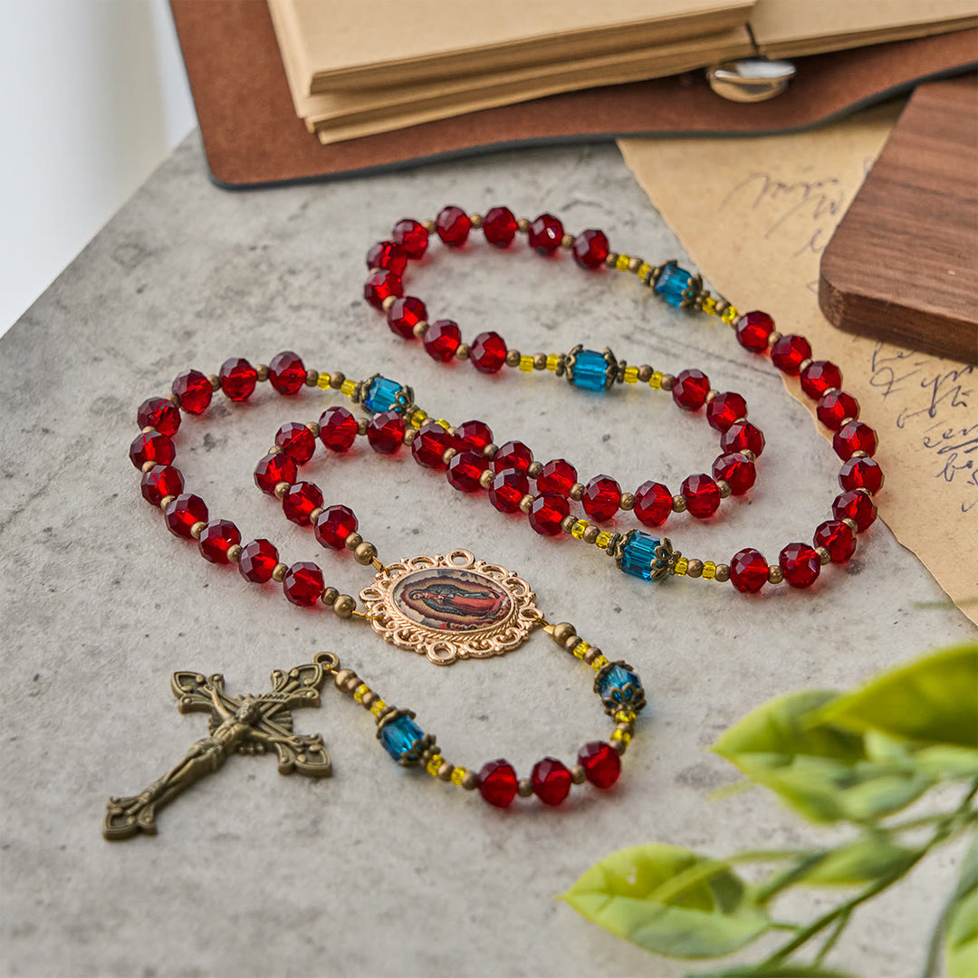 Christianartworkshop Handmade Red Crystal Bohemian Czech Glass Our Lady of Guadalupe Crucifix Rosary - Our Lady of Guadalupe & Crucifix - image 1