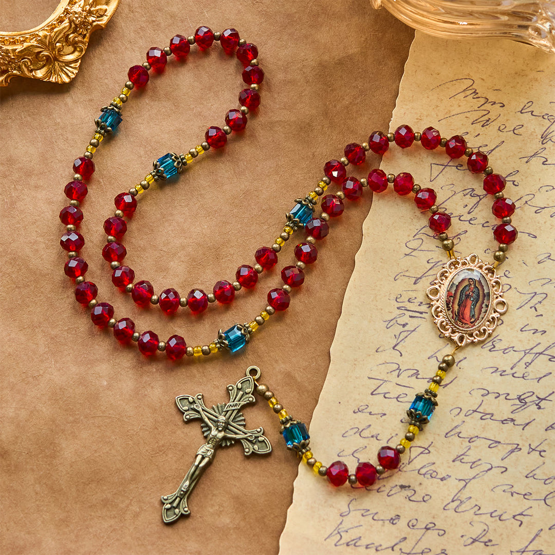 Christianartworkshop Handmade Red Crystal Bohemian Czech Glass Our Lady of Guadalupe Crucifix Rosary - image 4