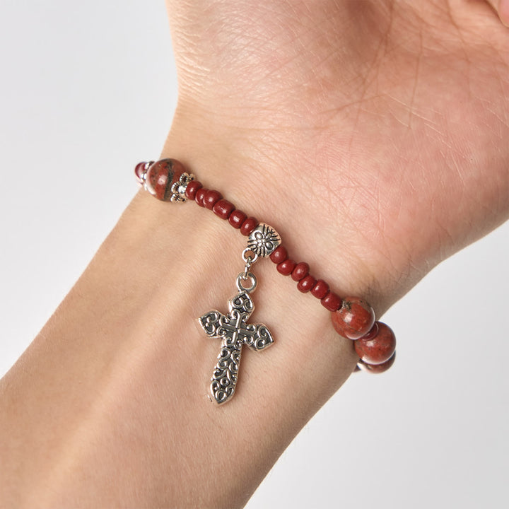 Christianartworkshop 8mm Red Sesame Stone One Decade Rosary Bracelet with Miraculous Medal & Cross - image 5