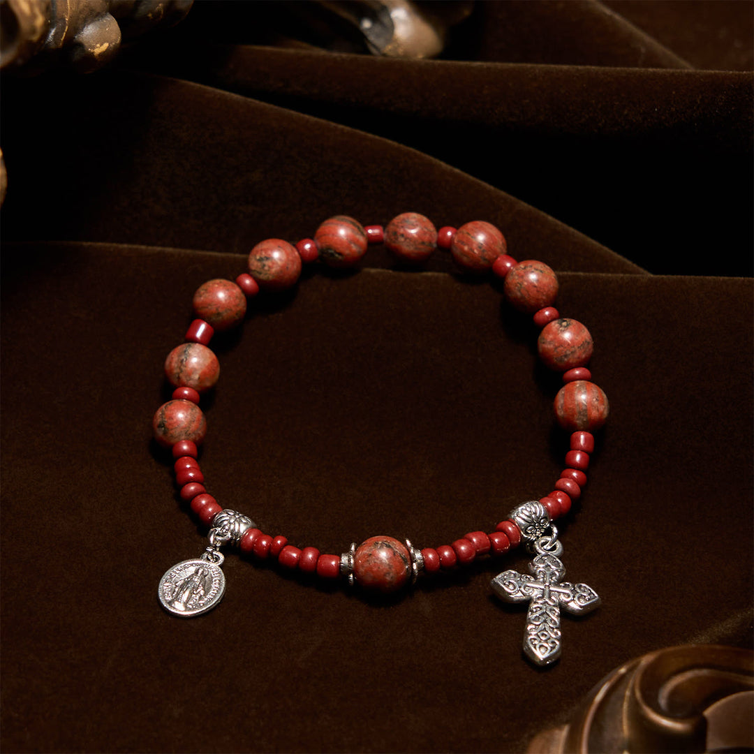 Christianartworkshop 8mm Red Sesame Stone One Decade Rosary Bracelet with Miraculous Medal & Cross - Red Sesame Stone - image 0