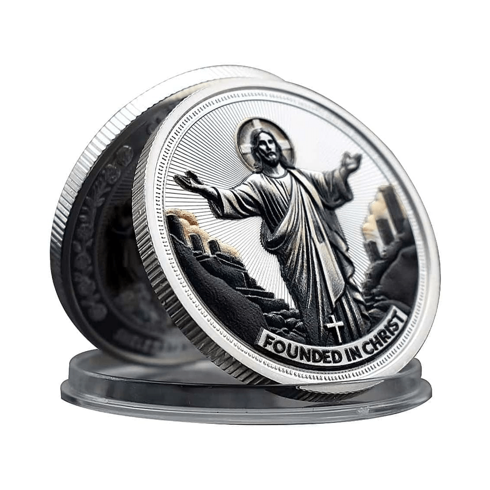 Christianartworkshop Golden/Silver Jesus Love Founded In Christ Dove & Cross Challenge Coin - Silver - image 2