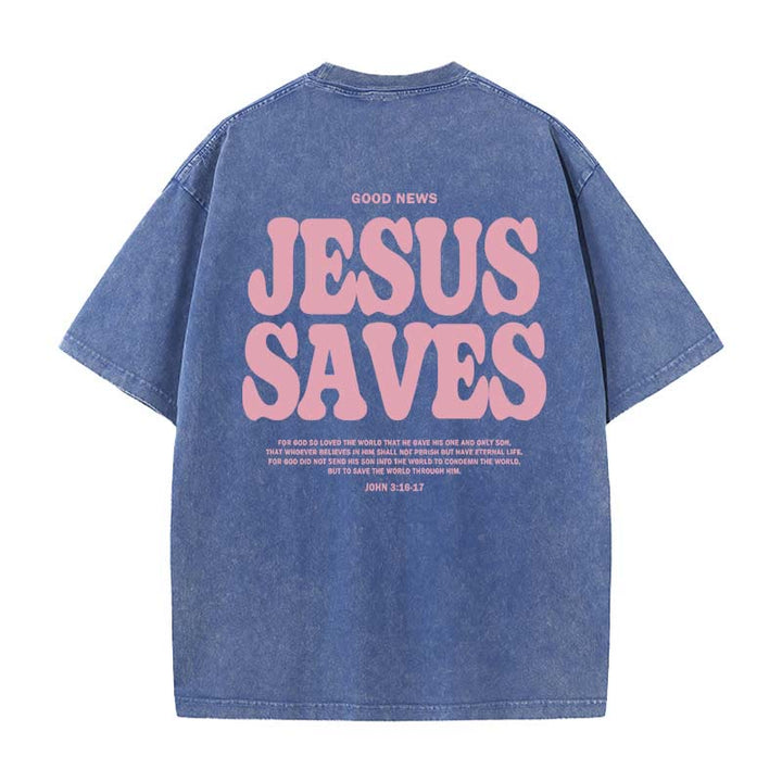 Christianartworkshop Jesus Saves Unisex Washed T-Shirt - Blue - 5XL - image 9