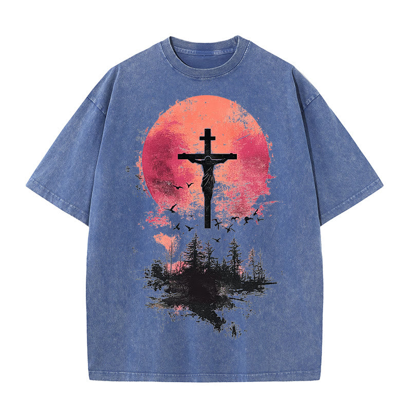 Christianartworkshop Divine Crucifix Over Nature Landscape Unisex Washed T-shirt - Blue - 5XL - image 9