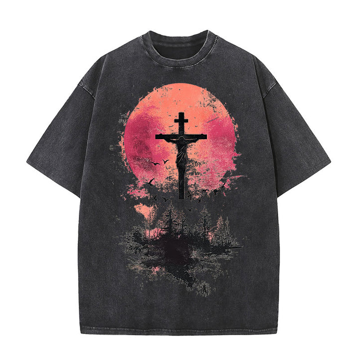 Christianartworkshop Divine Crucifix Over Nature Landscape Unisex Washed T-shirt - Black - 5XL - image 3