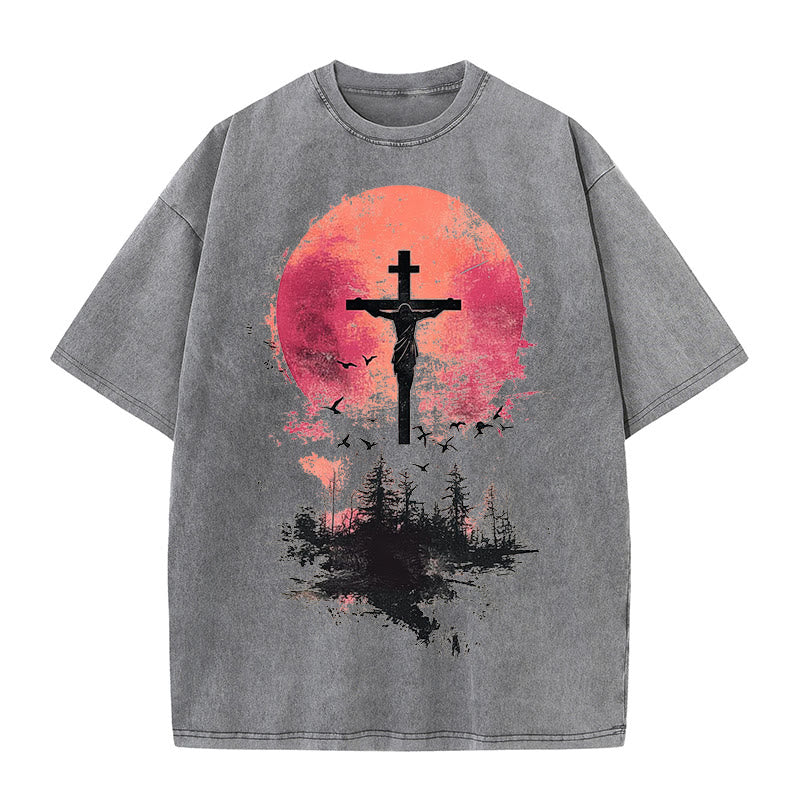Christianartworkshop Divine Crucifix Over Nature Landscape Unisex Washed T-shirt - Grey - 5XL - image 5