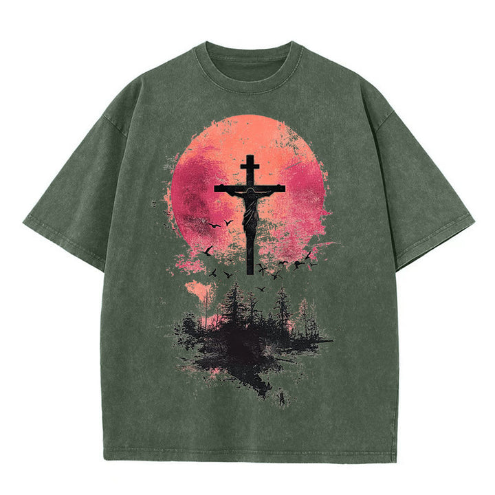 Christianartworkshop Divine Crucifix Over Nature Landscape Unisex Washed T-shirt - Army Green - 5XL - image 4