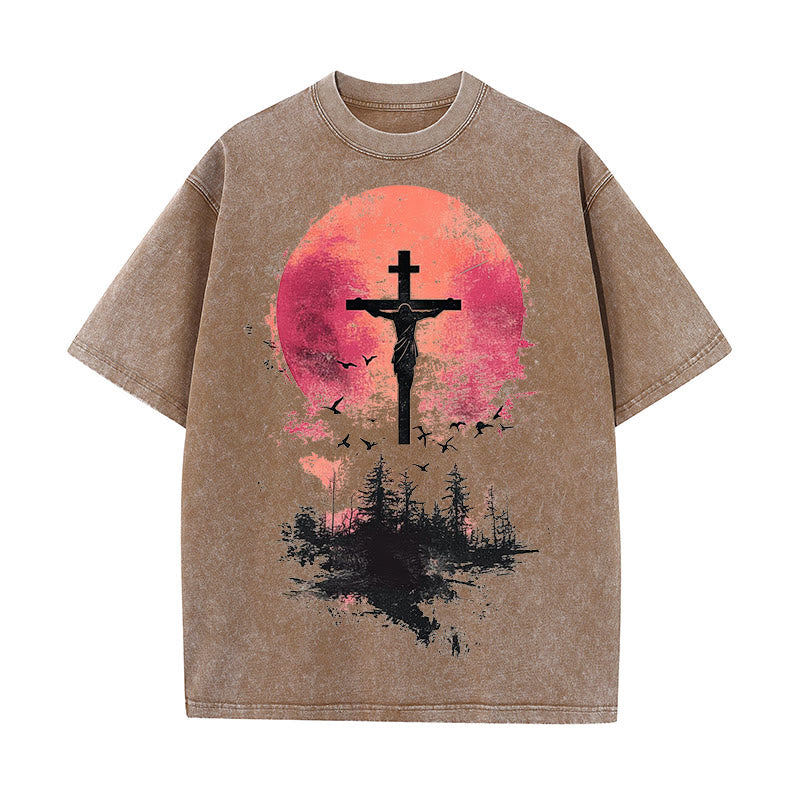 Christianartworkshop Divine Crucifix Over Nature Landscape Unisex Washed T-shirt - Coffee - 5XL - image 8
