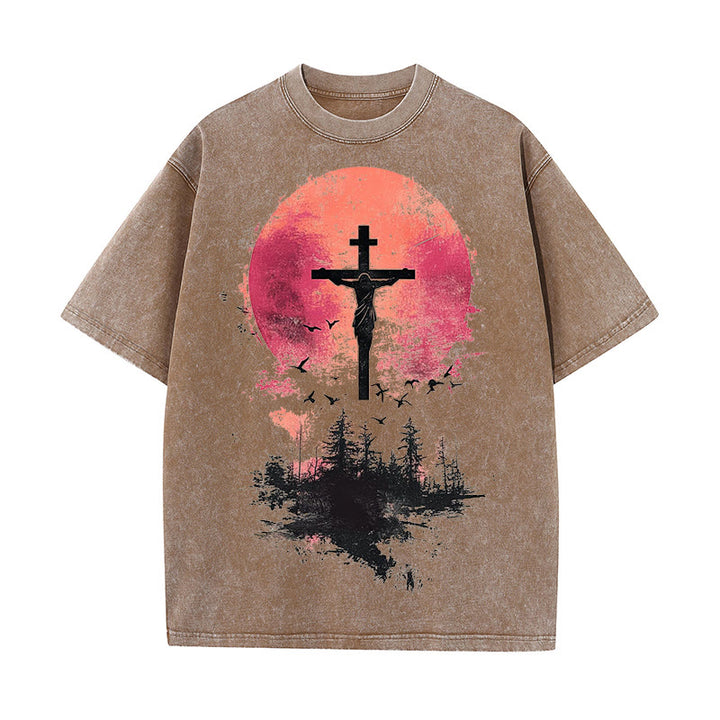 Christianartworkshop Divine Crucifix Over Nature Landscape Unisex Washed T-shirt - Coffee - 5XL - image 8