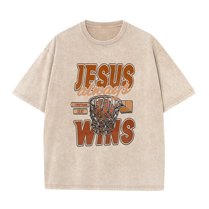 Christianartworkshop Jesus Always Wins Basketball Graphic Unisex Washed T-shirt - Apricot - 5XL - image 0