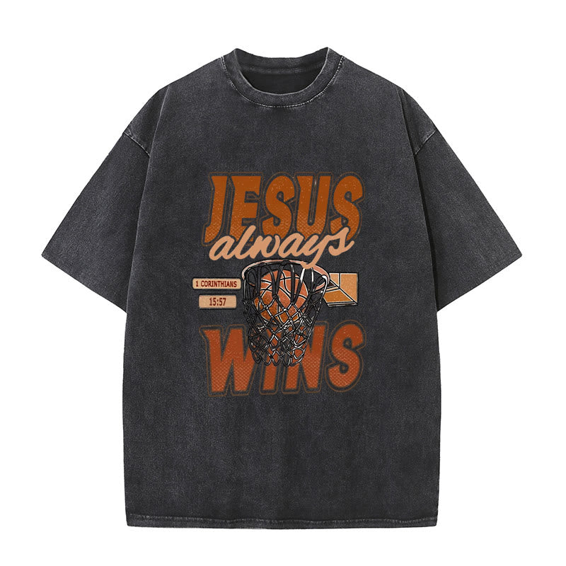 Christianartworkshop Jesus Always Wins Basketball Graphic Unisex Washed T-shirt - Black - 5XL - image 8