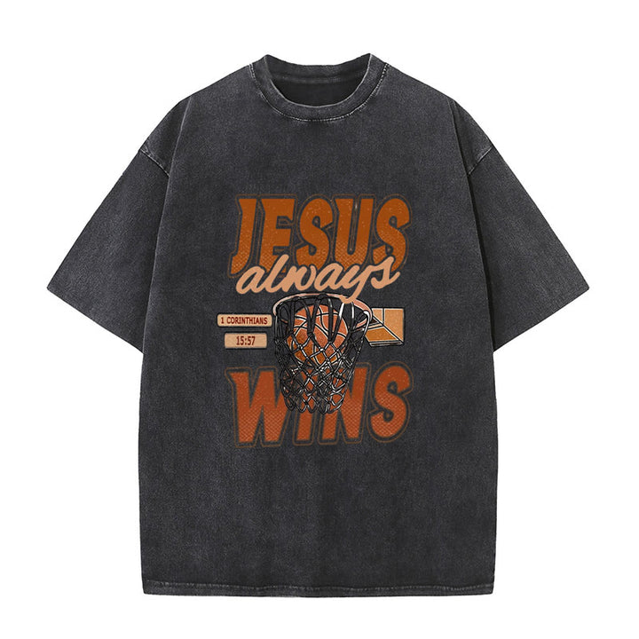 Christianartworkshop Jesus Always Wins Basketball Graphic Unisex Washed T-shirt - Black - 5XL - image 8