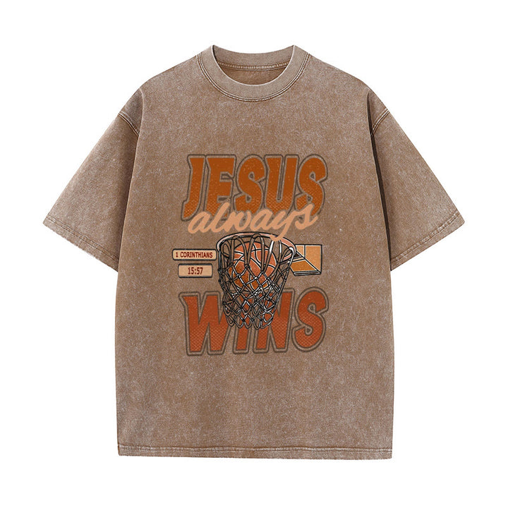 Christianartworkshop Jesus Always Wins Basketball Graphic Unisex Washed T-shirt - Coffee - 5XL - image 2