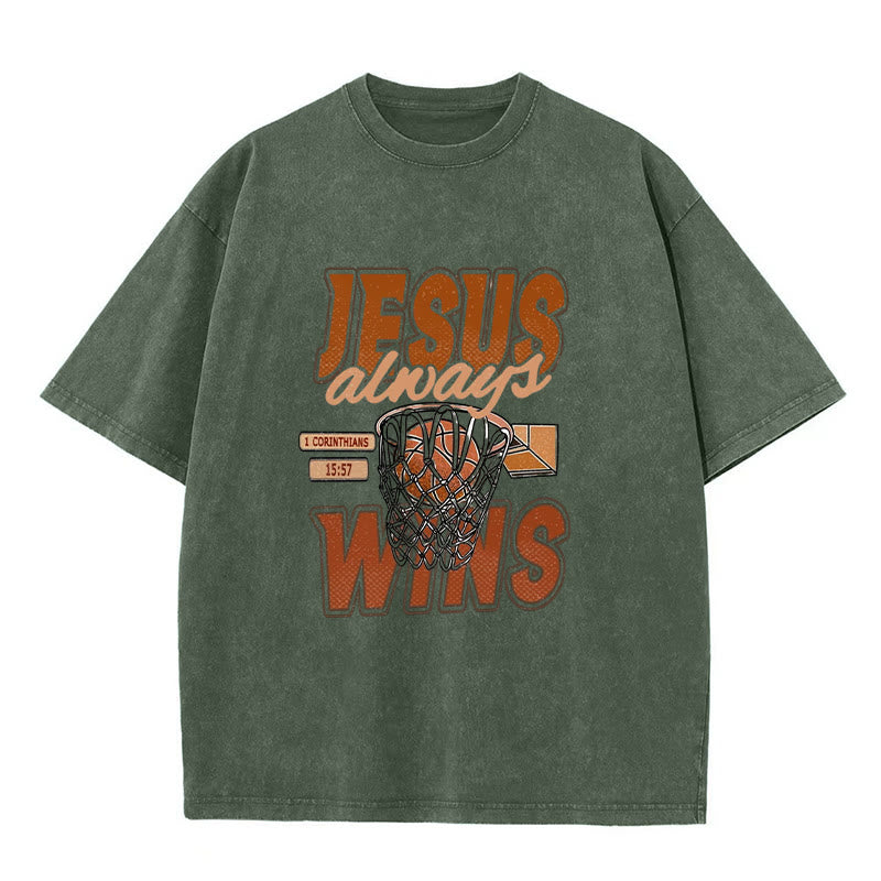 Christianartworkshop Jesus Always Wins Basketball Graphic Unisex Washed T-shirt - Army Green - 5XL - image 7