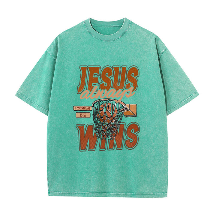 Christianartworkshop Jesus Always Wins Basketball Graphic Unisex Washed T-shirt - Green - 5XL - image 5