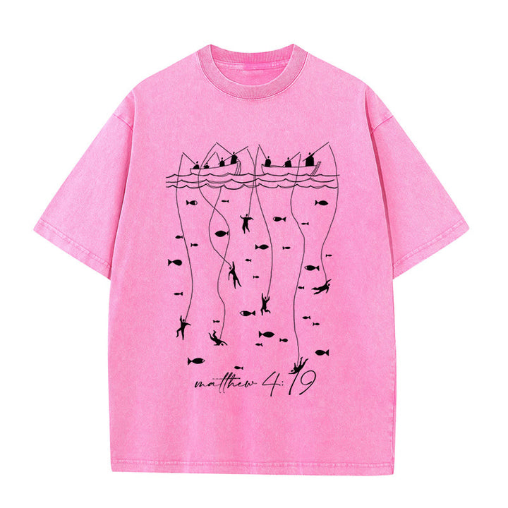 Christianartworkshop Biblical Fishing Narrative Unisex Washed T-shirt - Pink - 5XL - image 8