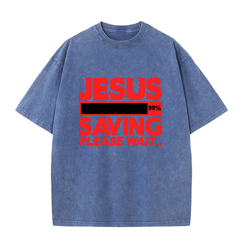 Christianartworkshop Jesus Saving Please Wait Unisex Washed T-shirt - Blue - 5XL - image 5