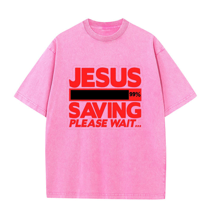 Christianartworkshop Jesus Saving Please Wait Unisex Washed T-shirt - Pink - 5XL - image 2
