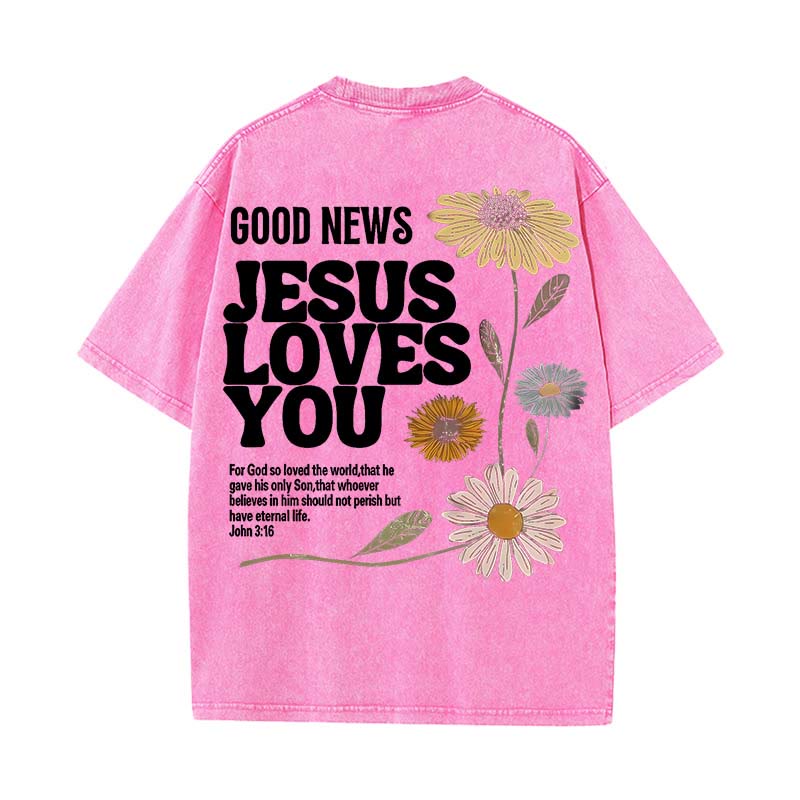 Christianartworkshop Good News Jesus Loves You Unisex Washed T-shirt - Pink - 5XL - image 5