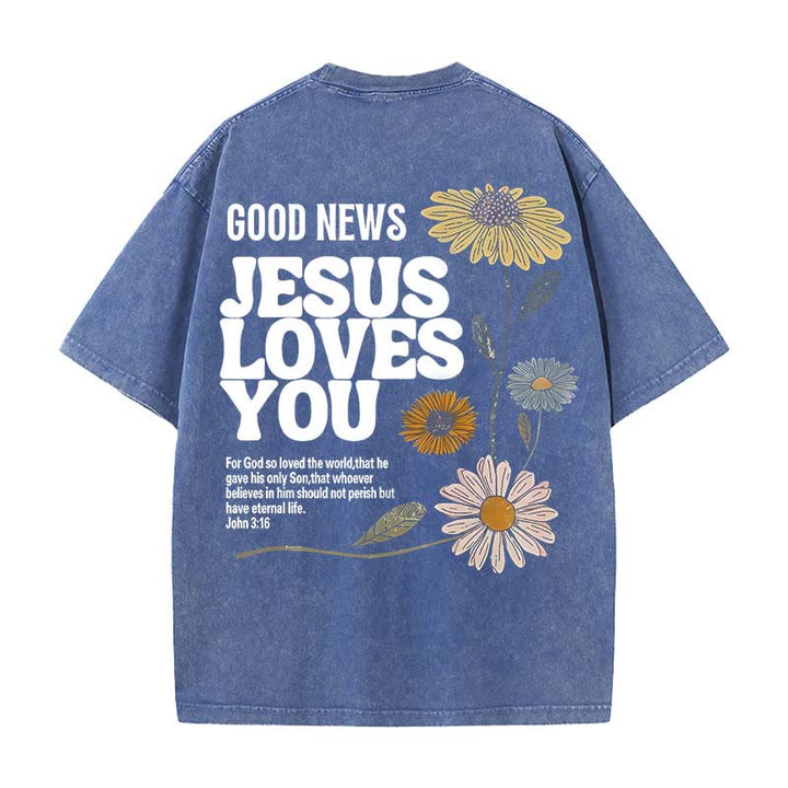 Christianartworkshop Good News Jesus Loves You Unisex Washed T-shirt - Blue - 5XL - image 3