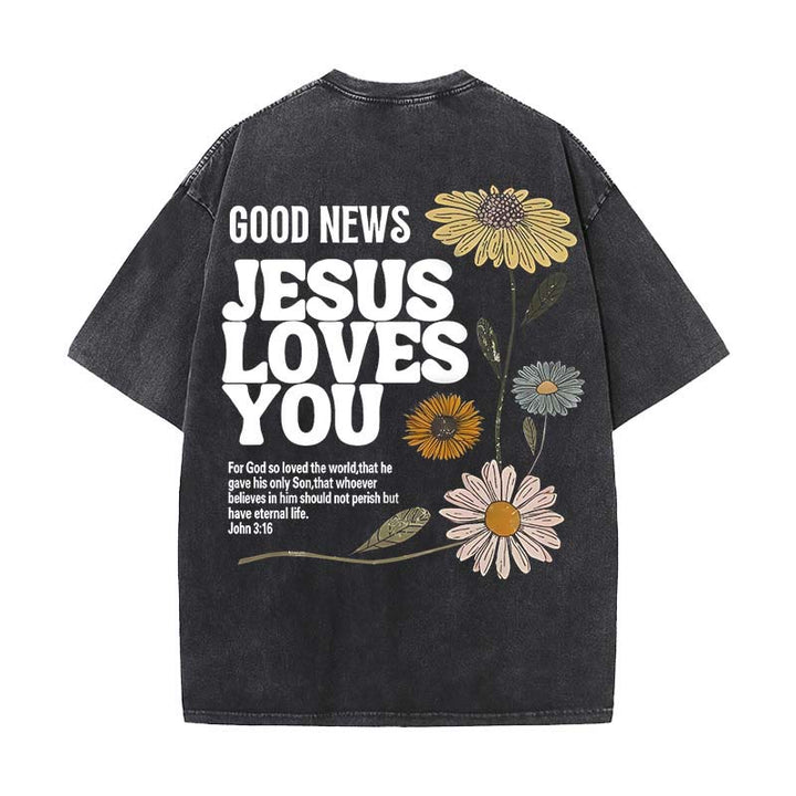 Christianartworkshop Good News Jesus Loves You Unisex Washed T-shirt - Black - 5XL - image 17