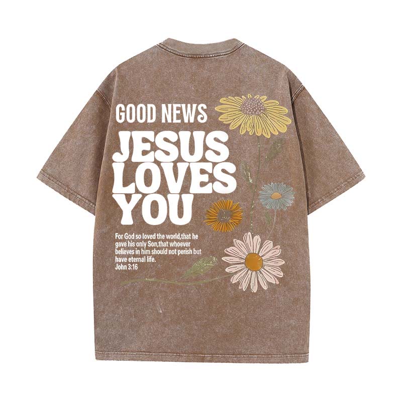Christianartworkshop Good News Jesus Loves You Unisex Washed T-shirt - Coffee - 5XL - image 15
