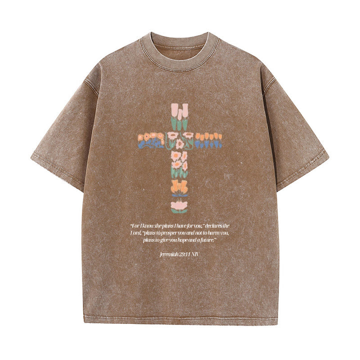 Christianartworkshop Floral Cross with Jeremiah Verse Unisex Washed T-shirt - Coffee - 5XL - image 9