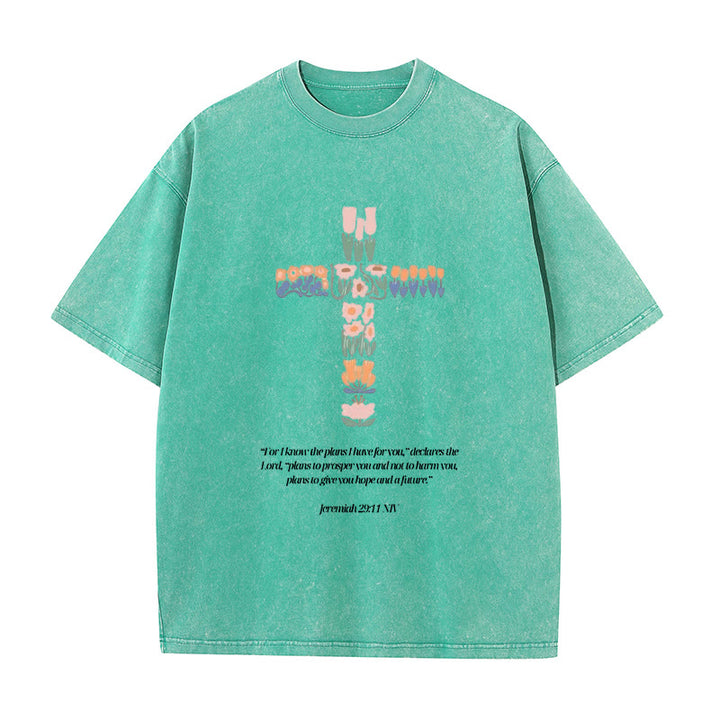 Christianartworkshop Floral Cross with Jeremiah Verse Unisex Washed T-shirt