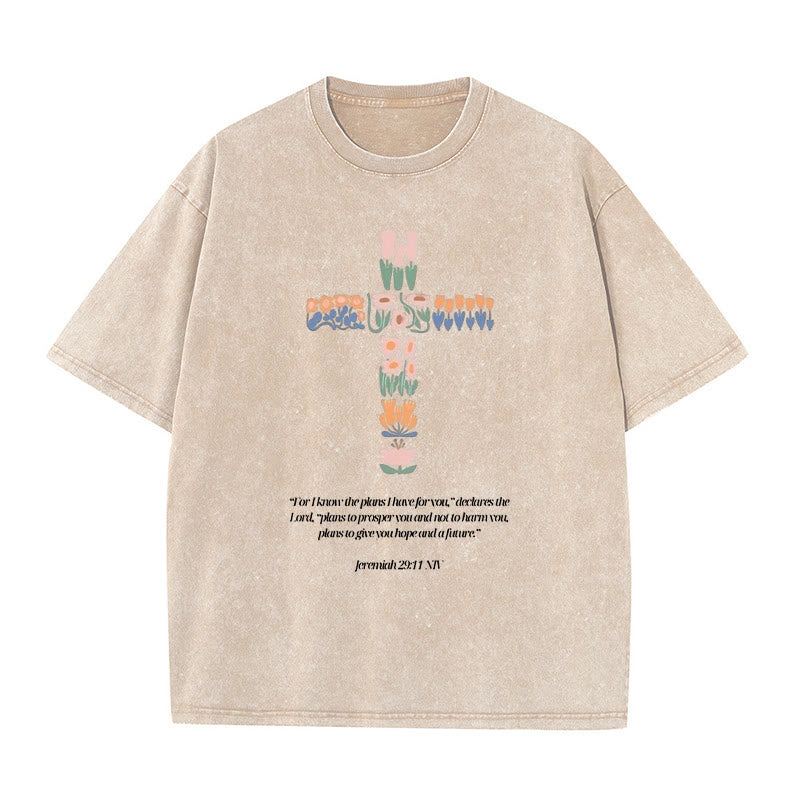 Christianartworkshop Floral Cross with Jeremiah Verse Unisex Washed T-shirt