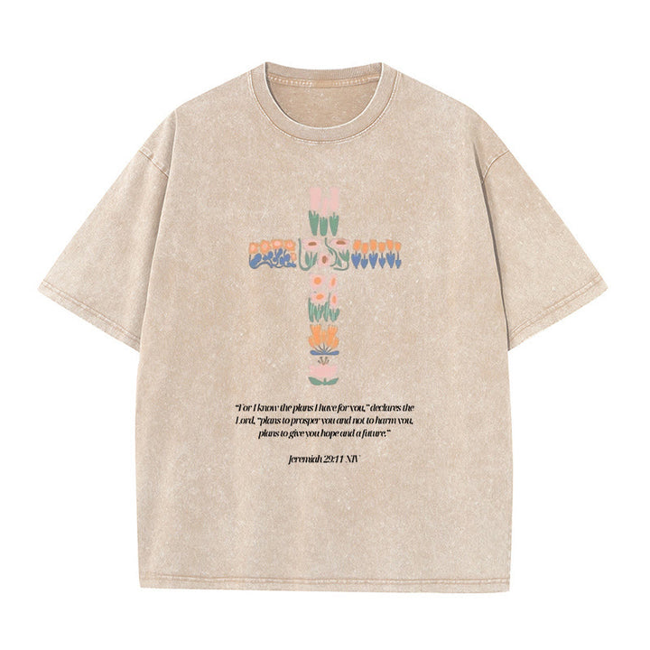 Christianartworkshop Floral Cross with Jeremiah Verse Unisex Washed T-shirt