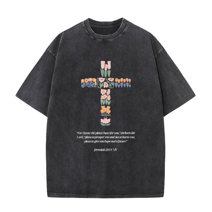 Christianartworkshop Floral Cross with Jeremiah Verse Unisex Washed T-shirt - Black - 5XL - image 0