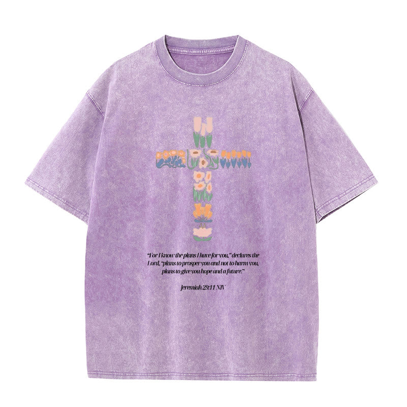 Christianartworkshop Floral Cross with Jeremiah Verse Unisex Washed T-shirt