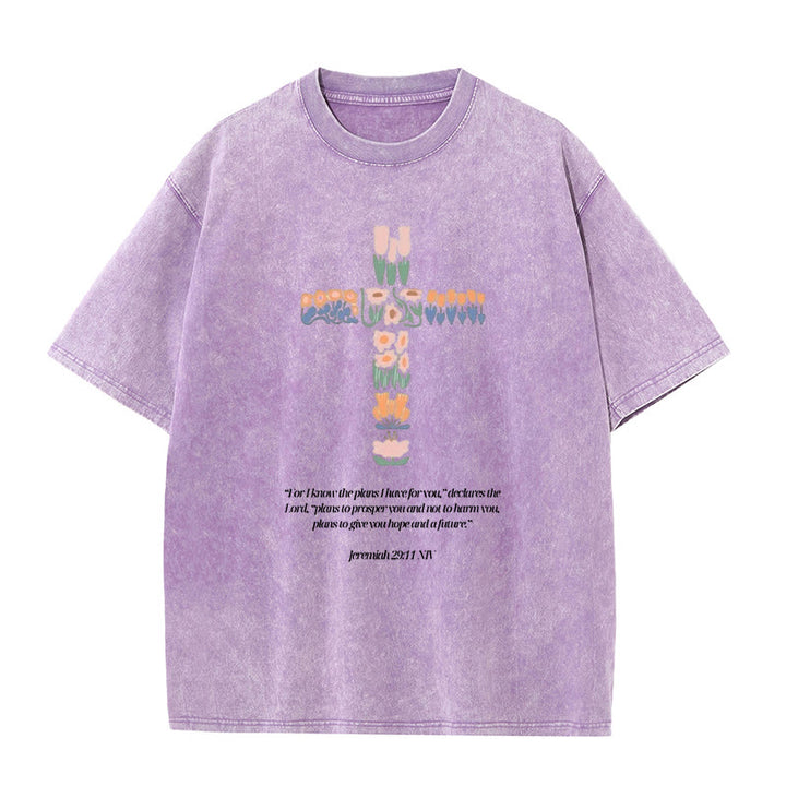 Christianartworkshop Floral Cross with Jeremiah Verse Unisex Washed T-shirt
