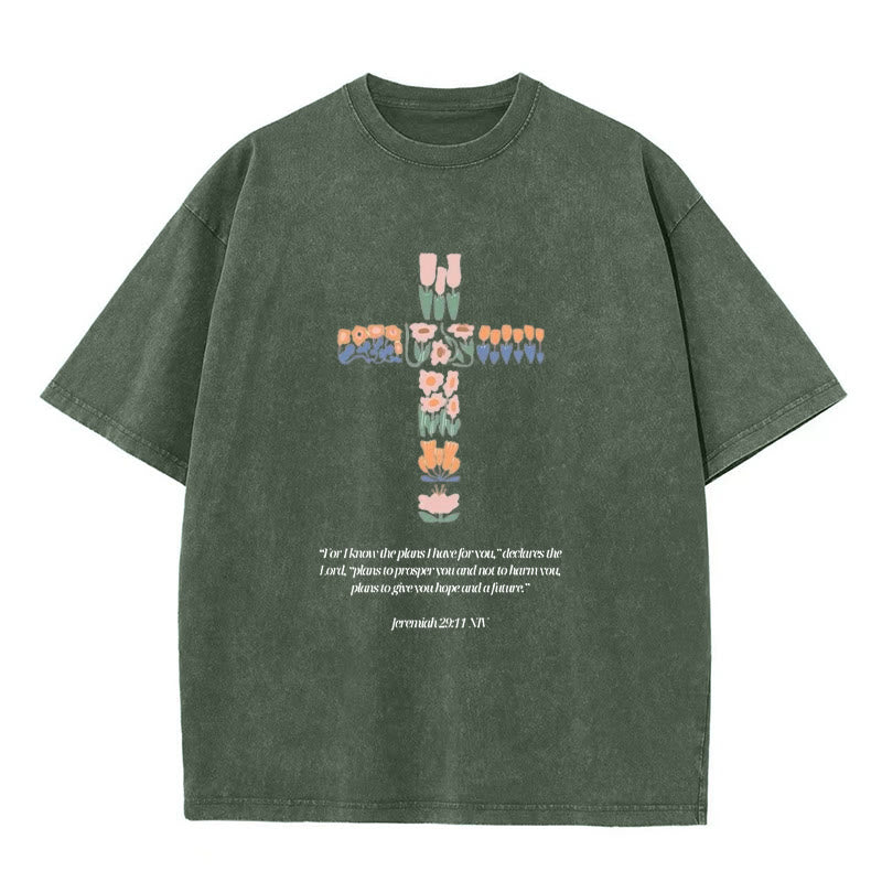 Christianartworkshop Floral Cross with Jeremiah Verse Unisex Washed T-shirt