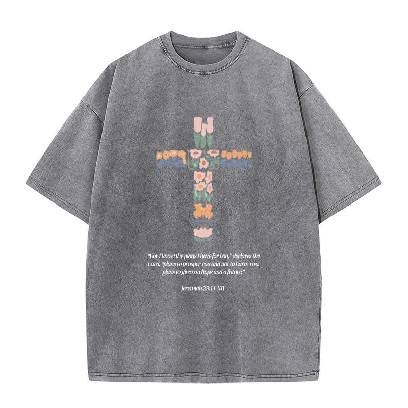 Christianartworkshop Floral Cross with Jeremiah Verse Unisex Washed T-shirt