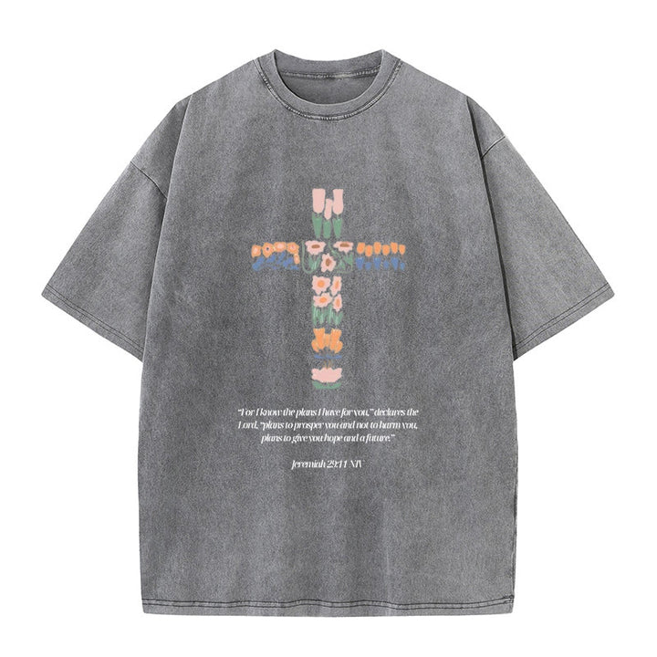 Christianartworkshop Floral Cross with Jeremiah Verse Unisex Washed T-shirt