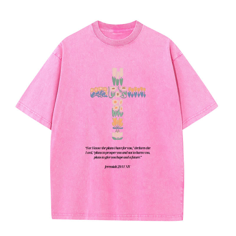Christianartworkshop Floral Cross with Jeremiah Verse Unisex Washed T-shirt