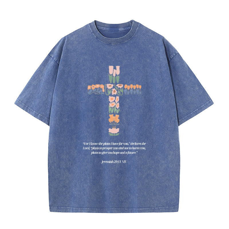 Christianartworkshop Floral Cross with Jeremiah Verse Unisex Washed T-shirt