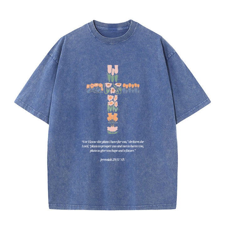 Christianartworkshop Floral Cross with Jeremiah Verse Unisex Washed T-shirt