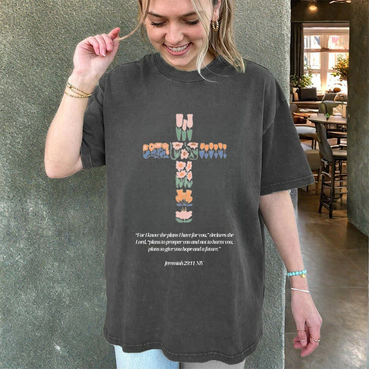 Christianartworkshop Floral Cross with Jeremiah Verse Unisex Washed T-shirt