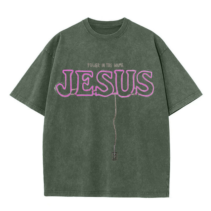 Christianartworkshop Power in the Name Jesus Unisex Washed T-shirt - Army Green - 5XL - image 3