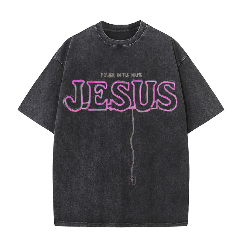 Christianartworkshop Power in the Name Jesus Unisex Washed T-shirt - Black - 5XL - image 0