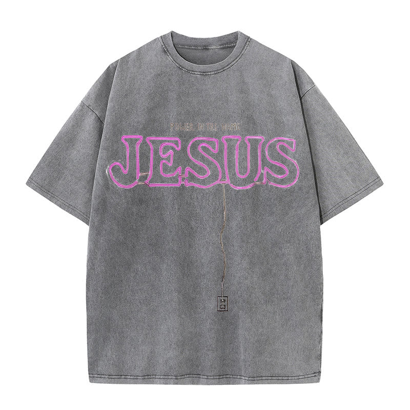 Christianartworkshop Power in the Name Jesus Unisex Washed T-shirt - Grey - 5XL - image 2