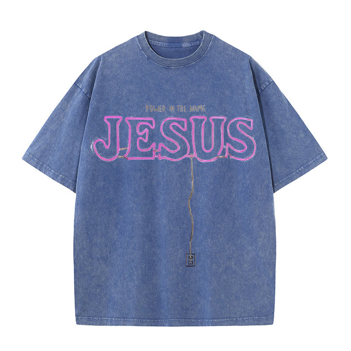 Christianartworkshop Power in the Name Jesus Unisex Washed T-shirt - Blue - 5XL - image 5