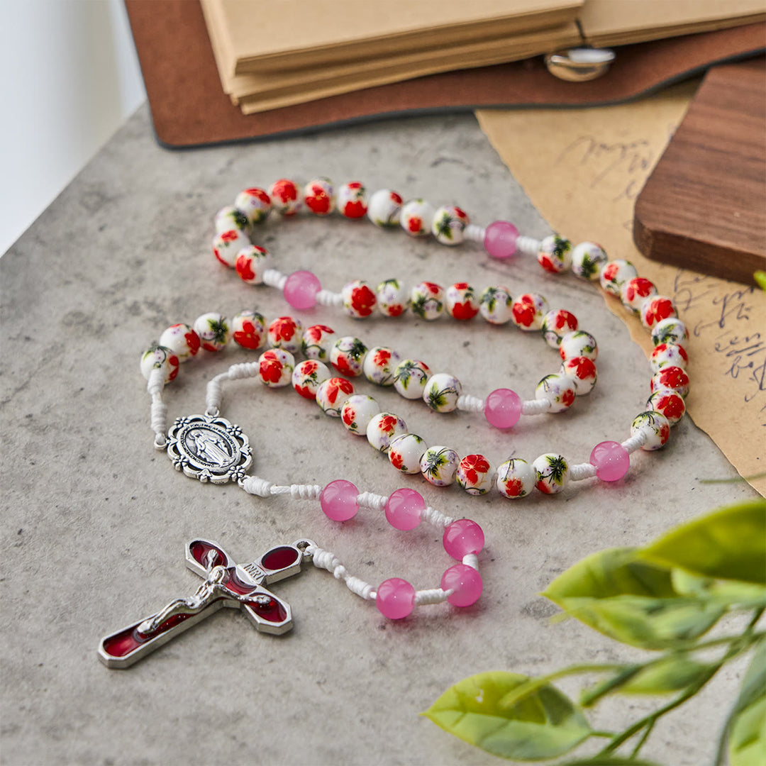 Christianartworkshop 8mm Round Flower Beads Rosary with Miraculous Medal & Red Enamel Crucifix
