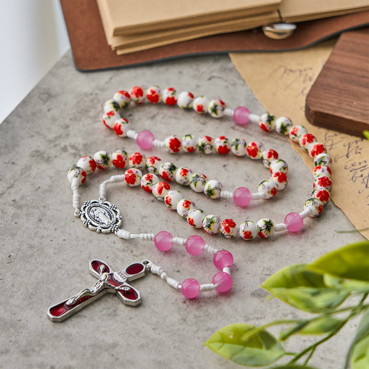 Christianartworkshop 8mm Round Flower Beads Rosary with Miraculous Medal & Red Enamel Crucifix
