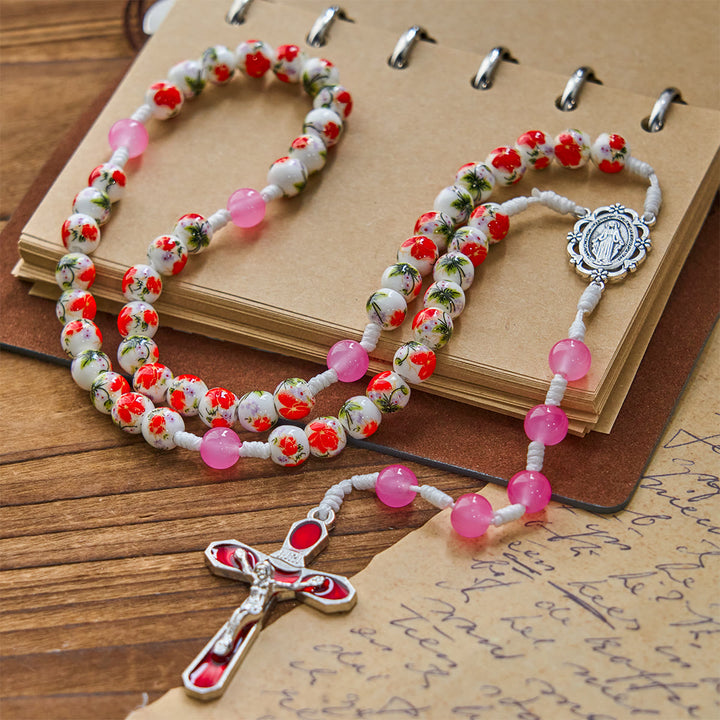 Christianartworkshop 8mm Round Flower Beads Rosary with Miraculous Medal & Red Enamel Crucifix
