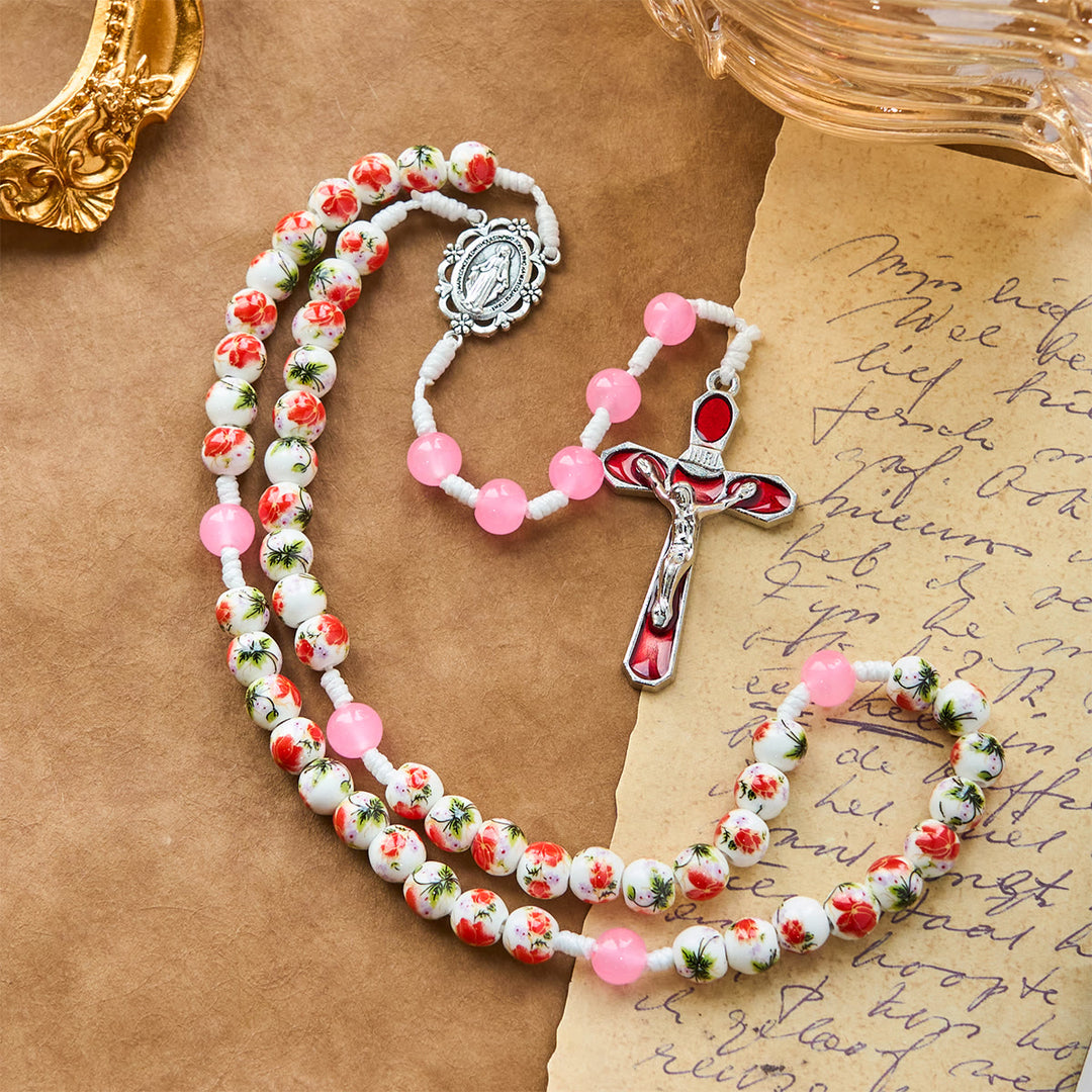 Christianartworkshop 8mm Round Flower Beads Rosary with Miraculous Medal & Red Enamel Crucifix